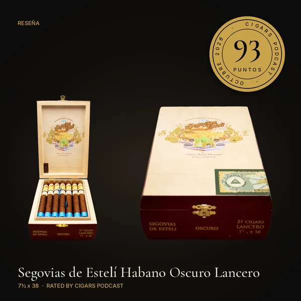 Caja abierta del Segovias de Estelí Habano Oscuro Lancero con el sello redondo de 93 puntos de Cigars Podcast